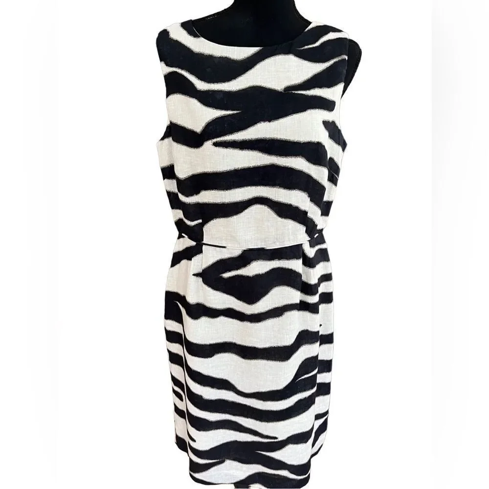 Banana Republic 100% linen zebra striped print sleeveless dress size 12.